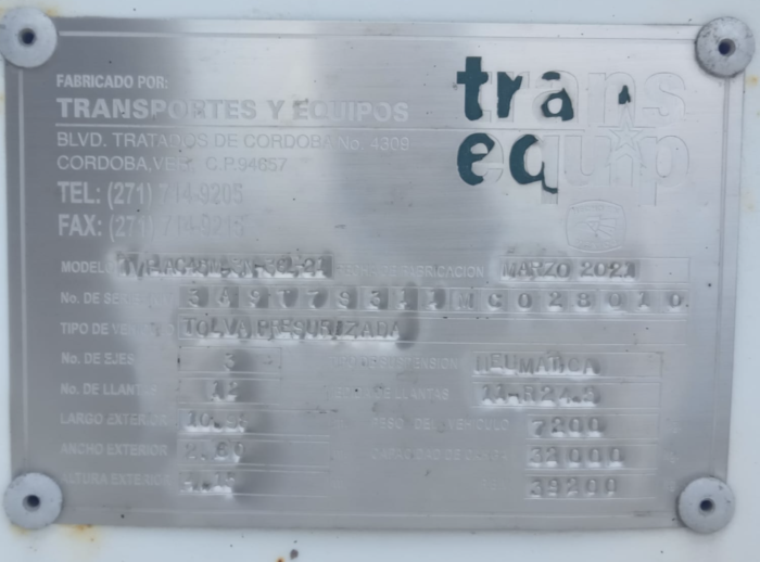 2021 Trans-Equip Semirremolque tipo Tolva Presurizada 3 ejes 45m3 - Image 9